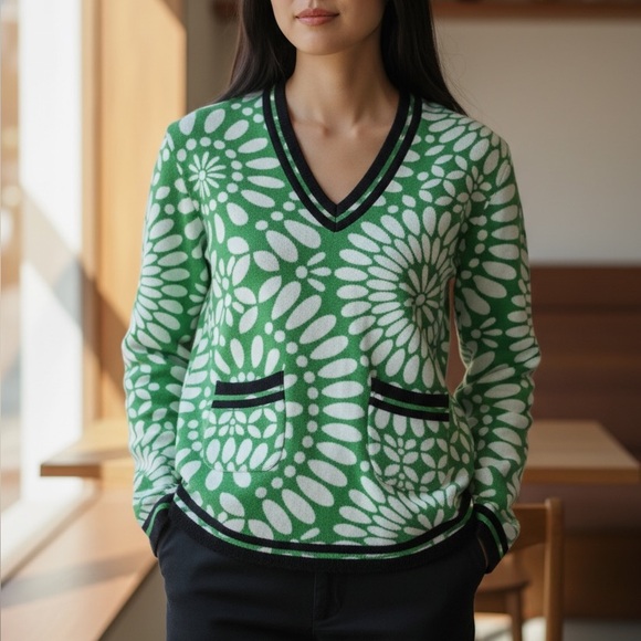 Tory Burch Wanda Terry Hoodie Tunic Green Lace Pattern Navy XS 100% Cotton - Picture 3 of 3